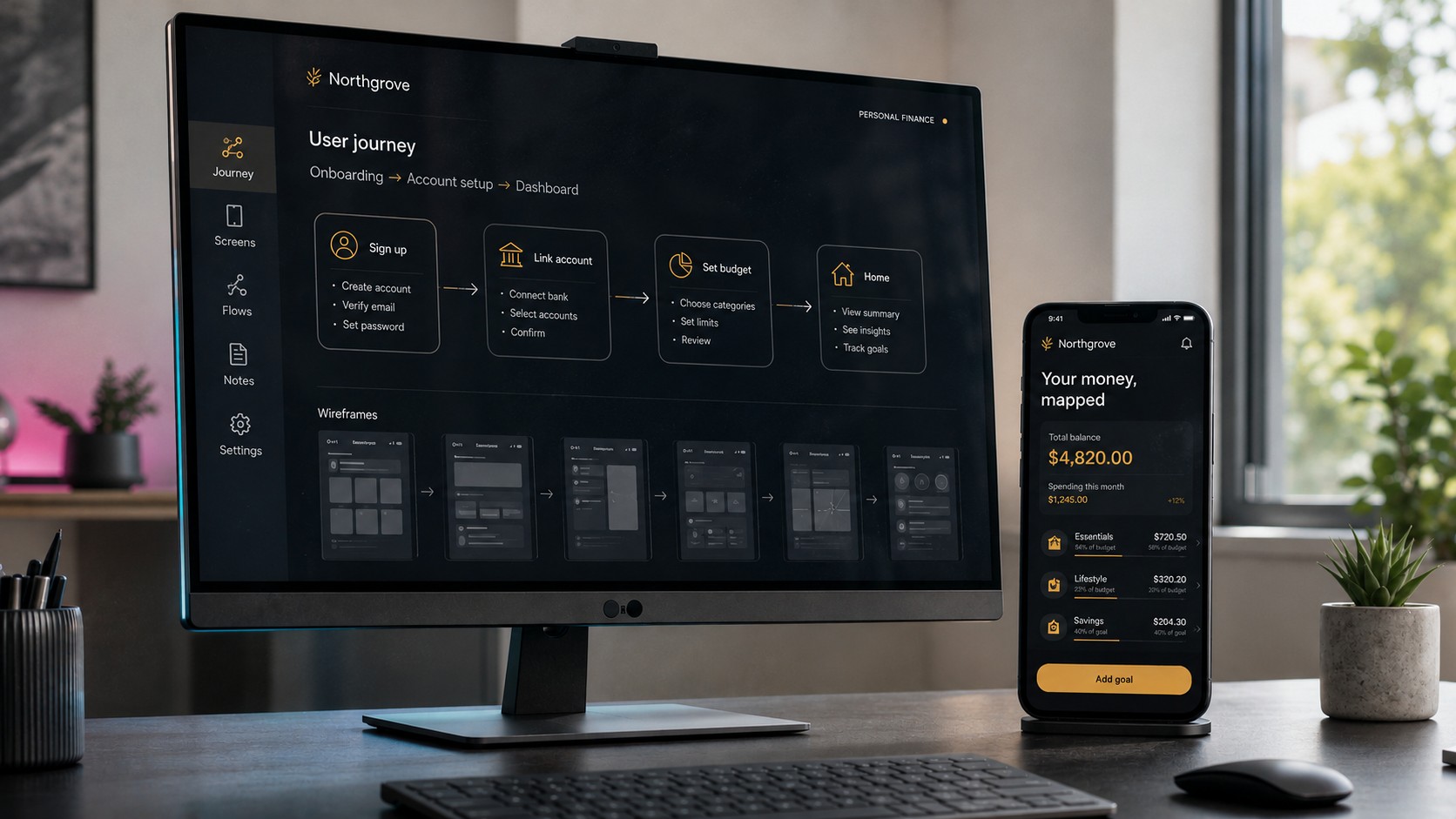 Mobile app design workspace showing dashboard screens, navigation states and responsive interface planning.