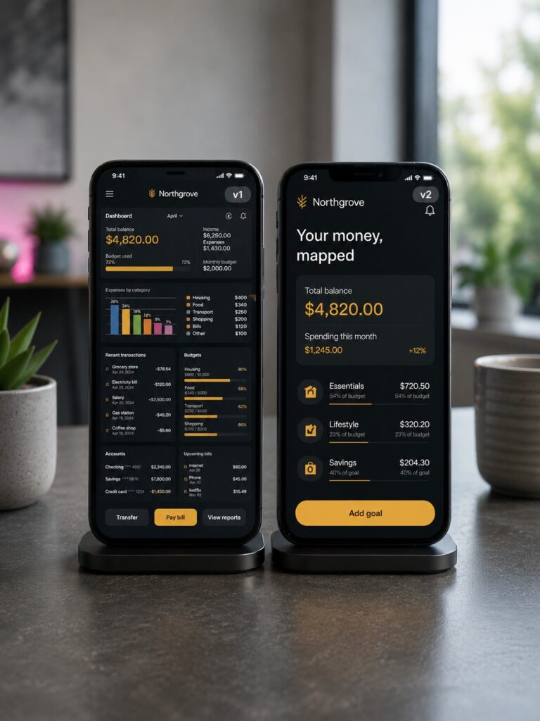 Mobile app design screens for a food ordering interface with menu, order summary and product cards.