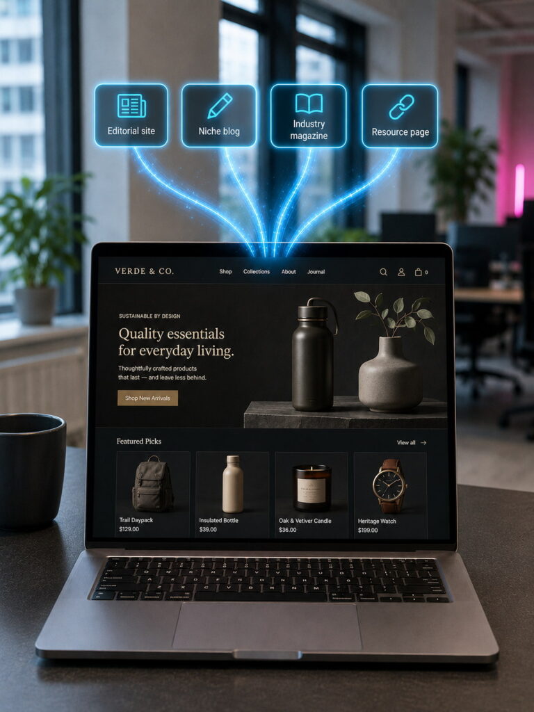 Laptop showing a website with holographic authority, relevance, trust and referral traffic signals above the screen.