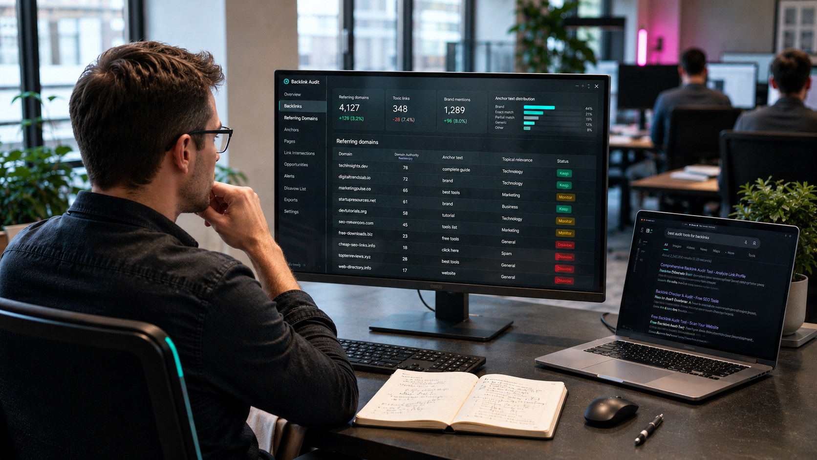 Specialist reviewing off-page SEO dashboards with backlink metrics, outreach status and authority indicators.