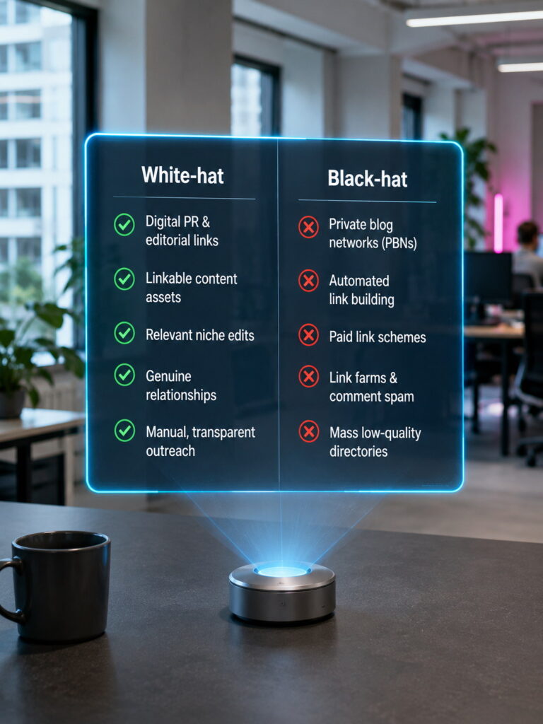 Holografische White-Hat- und Black-Hat-Offpage-SEO-Checkliste, die sichere Linksignale mit riskanten Taktiken vergleicht.