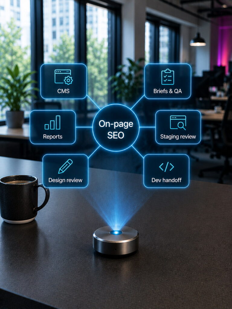 Голографическая карта on-page SEO workflow, связывающая CMS, briefs, отчеты, передачу разработке и проверку дизайна.