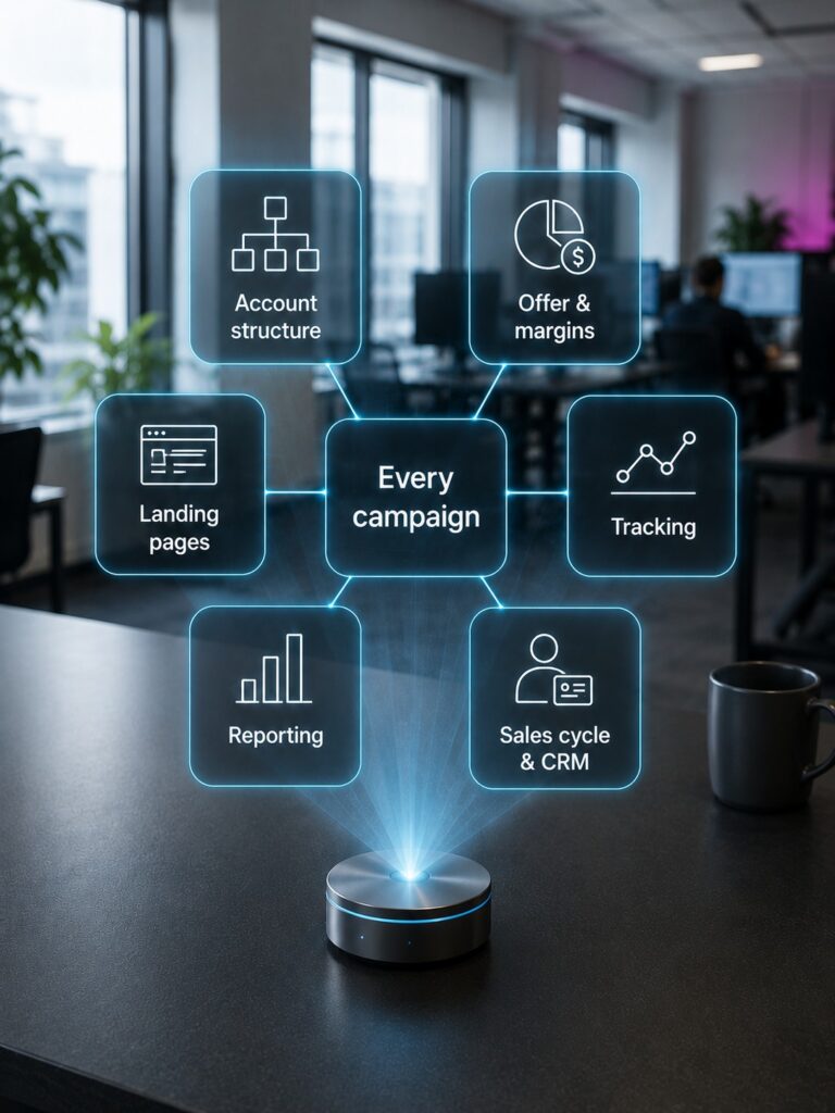 Holographic PPC management map showing account structure, landing pages, tracking, reporting and audience work.