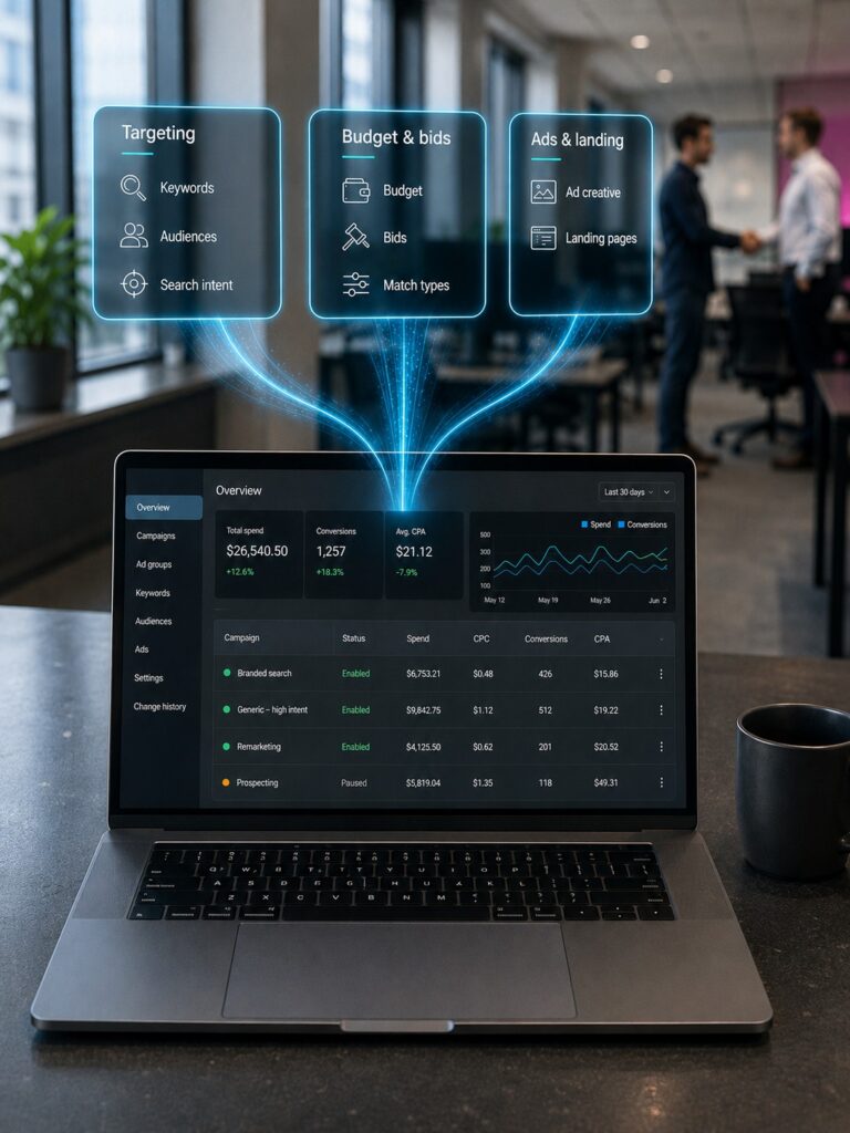 PPC campaign dashboard with holographic panels for search, budget, landing pages, tracking and reporting.