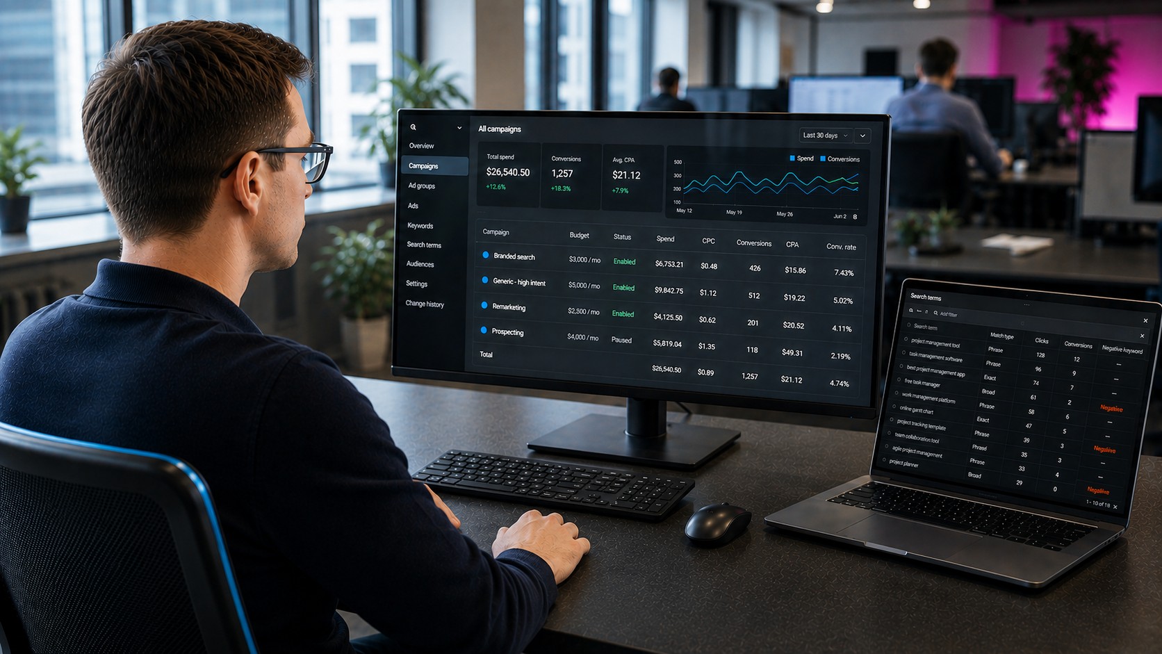 Specialist reviewing a PPC performance dashboard with campaign status, spend, conversions and search terms.