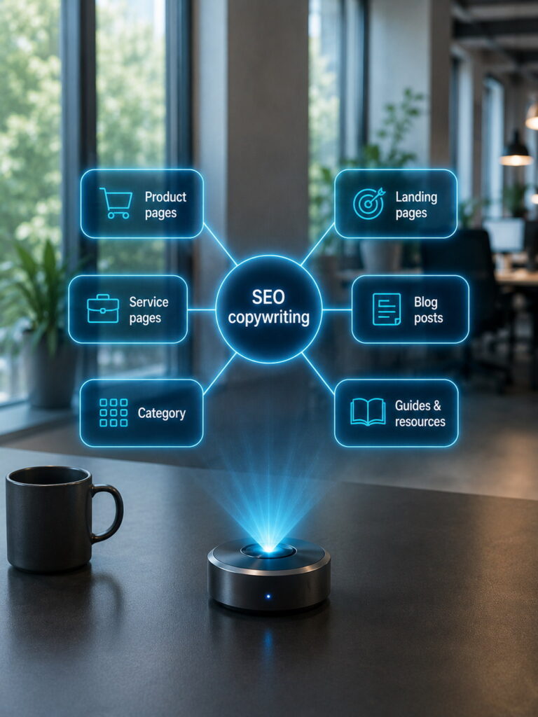 Голографическая карта SEO copywriting workflow, связывающая product pages, landing pages, blog posts, service pages и case studies.