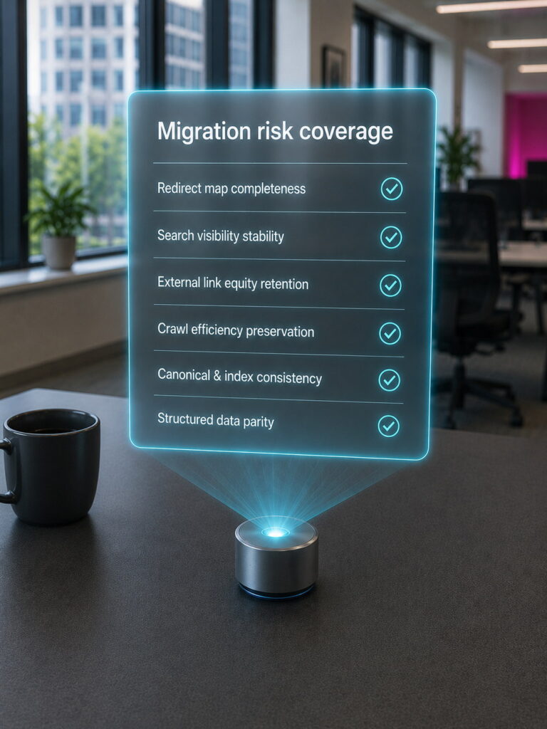 Holographic SEO migration risk coverage checklist projected from a desk puck in a modern office.