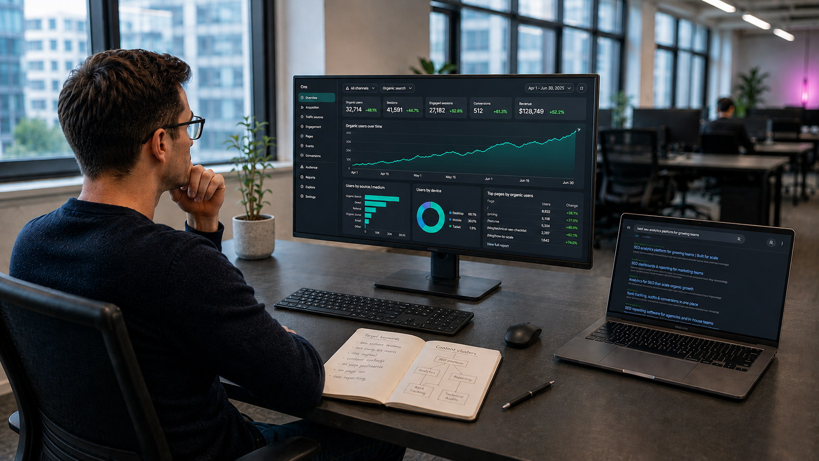 SEO performance workspace with analytics dashboards, ranking trends and campaign metrics across monitor screens.