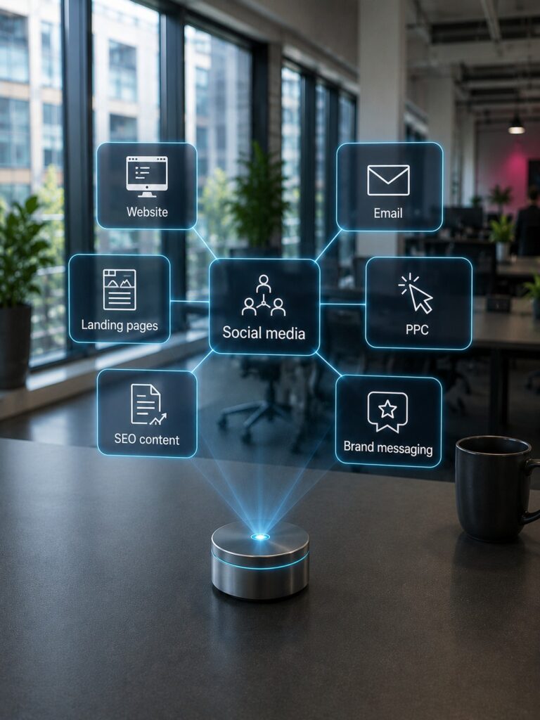 Holografische Marketing-Channel-Karte, die Social Media mit Blog, Landingpages, E-Mail, PPC und Brand Messaging verbindet.