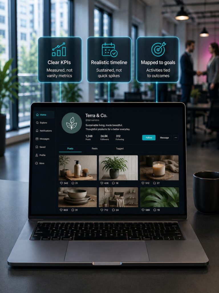 Дашборд social media marketing с контент-календарём, превью постов и голографическими стратегическими панелями.