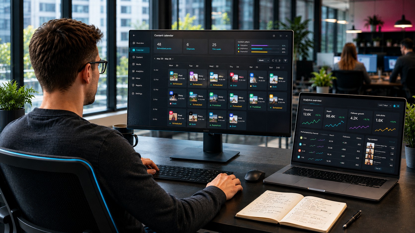 Spezialist prüft ein Social-Media-Projektdashboard mit Post-Assets, Kampagnenmetriken und Content-Planung.