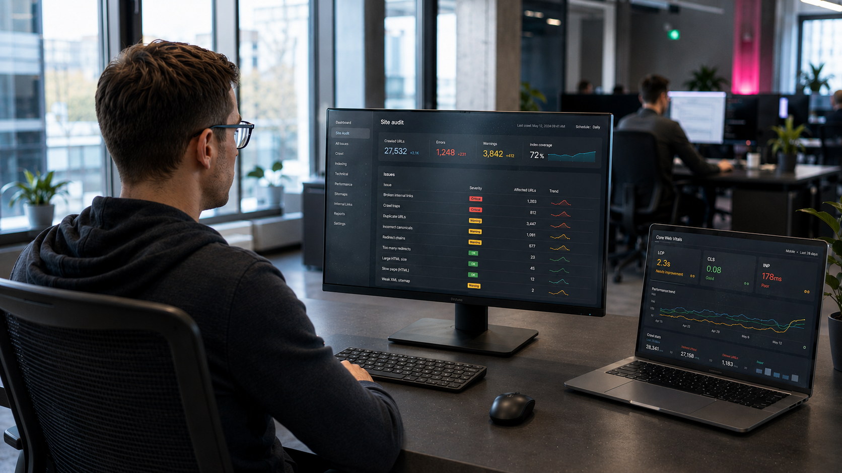 Technical SEO audit workspace with crawl data, issue tables and performance indicators across monitor screens.