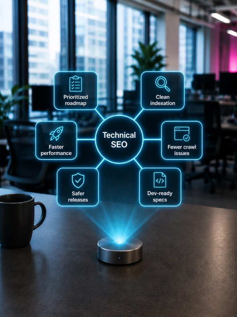Holografische Technical-SEO-Deliverables-Karte mit priorisierter Roadmap, sauberer Indexierung, schnellerer Website und dev-ready Spezifikationen.