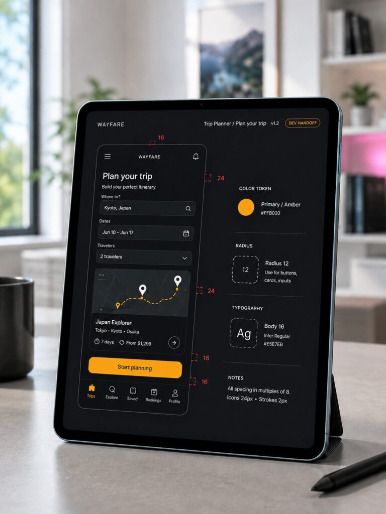 Tablet interface prototype showing mobile UX planning, navigation structure and key screen states.