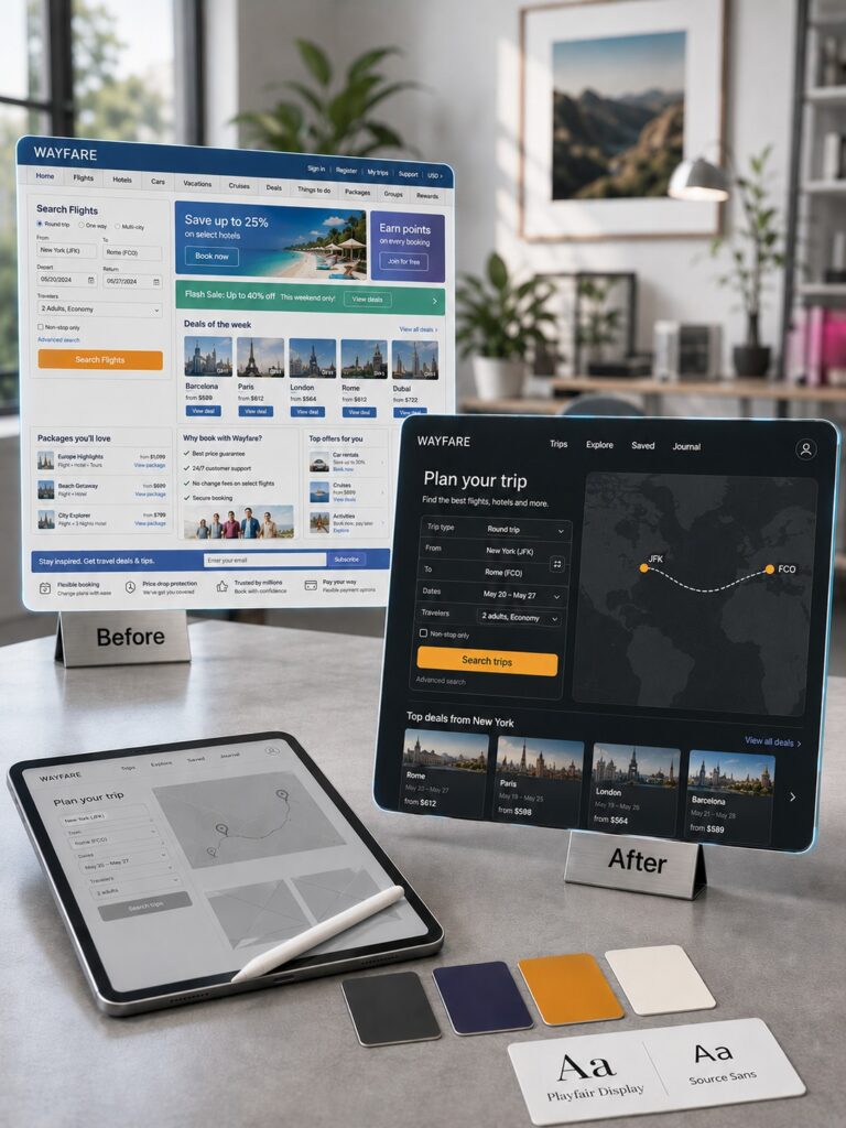 UX/UI redesign comparison showing a website before-and-after view with interface and style updates.