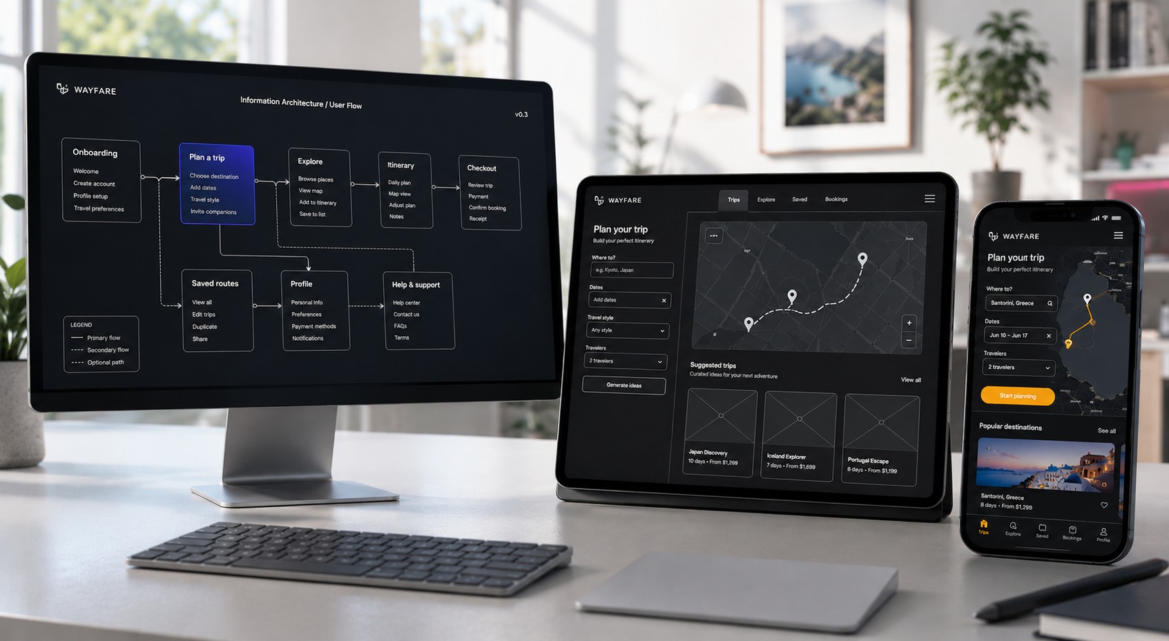 UX/UI workspace with user flow maps, wireframe cards and mobile interface planning on multiple screens.