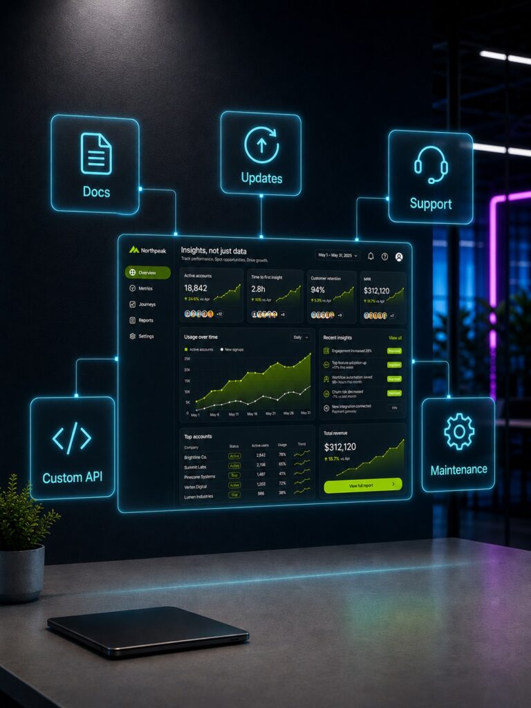 Web application dashboard with holographic panels for documents, jobs, support, automation and custom API features.