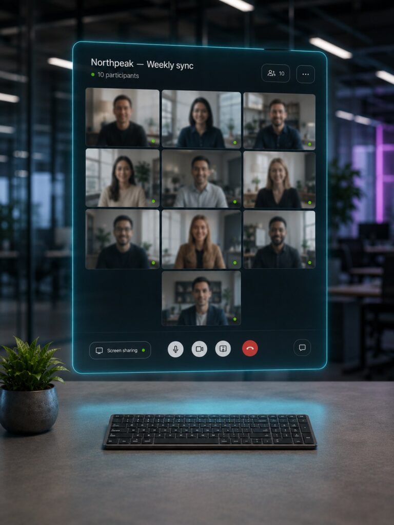 Web application team collaboration screen showing a product meeting interface on a large monitor.