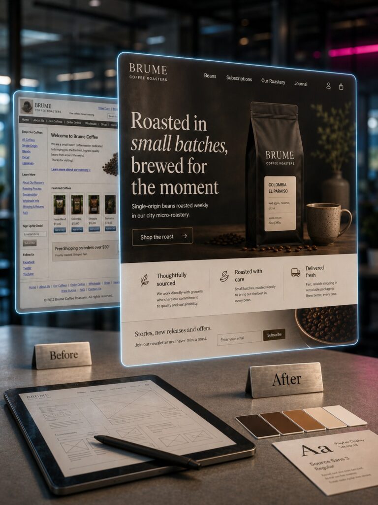 Before-and-after web design comparison showing an interface redesign and supporting brand style elements.