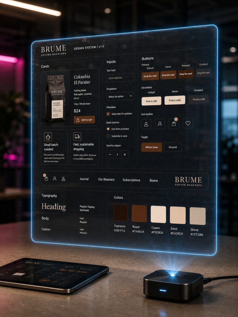 Holographic web design system panel showing typography, color palette and reusable interface components.