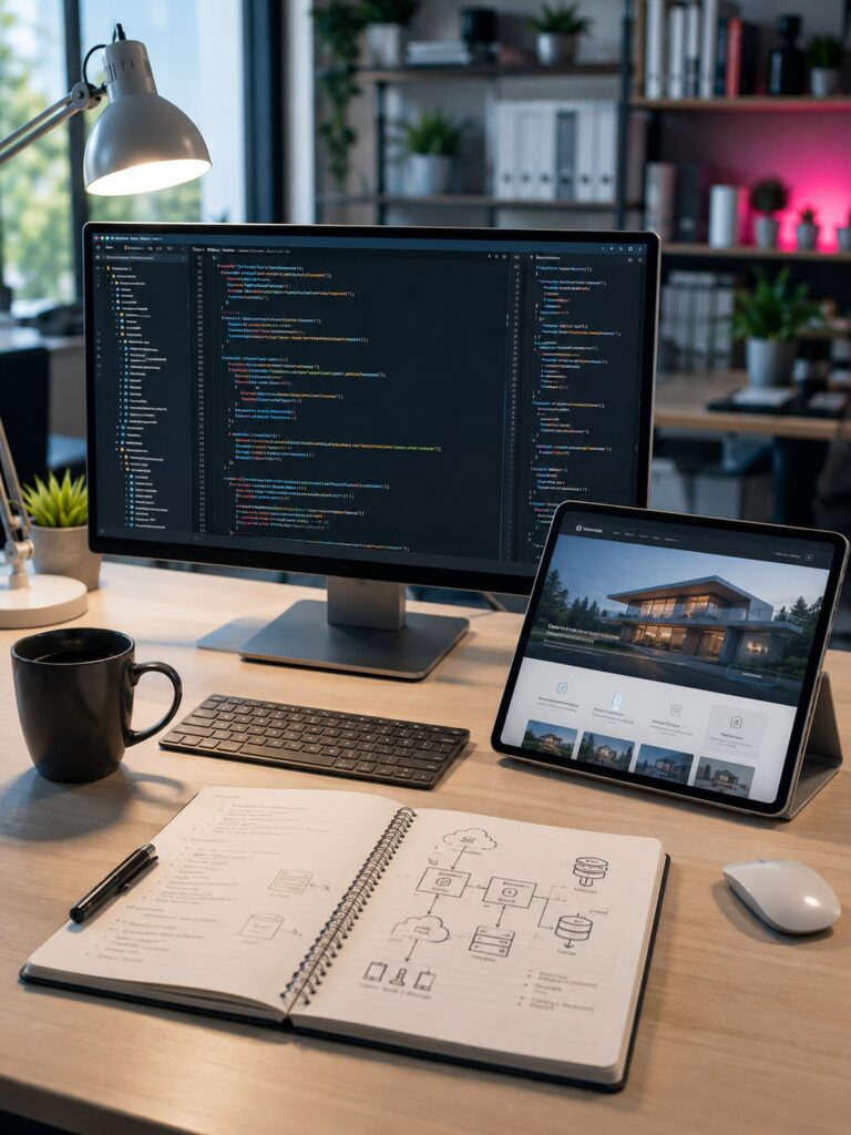 Web development review workspace with code editor, laptop website preview and project planning notes on a desk.