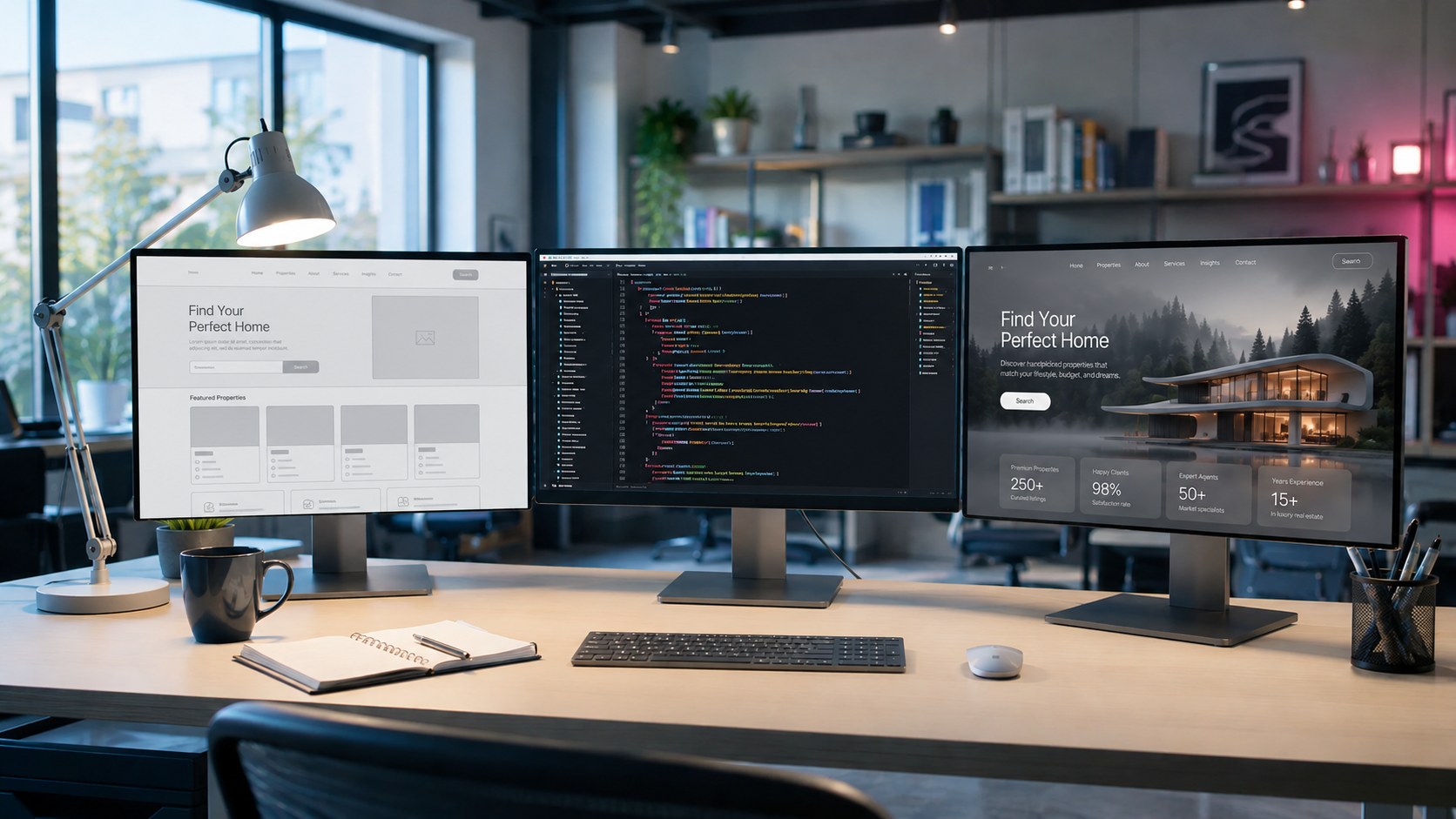 Full-stack web development workspace with code editor, website preview and responsive interface screens on monitors.