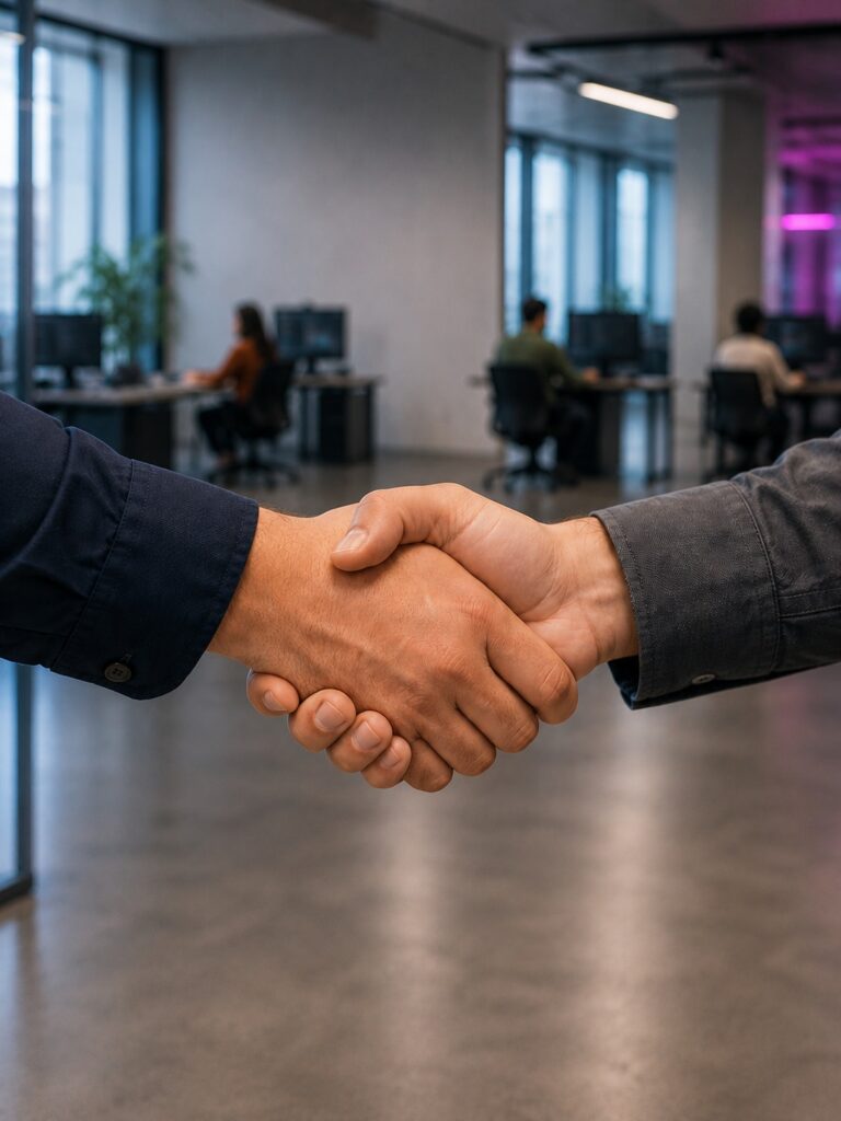 Handshake in a modern office representing a web development outsourcing partnership and project handoff.