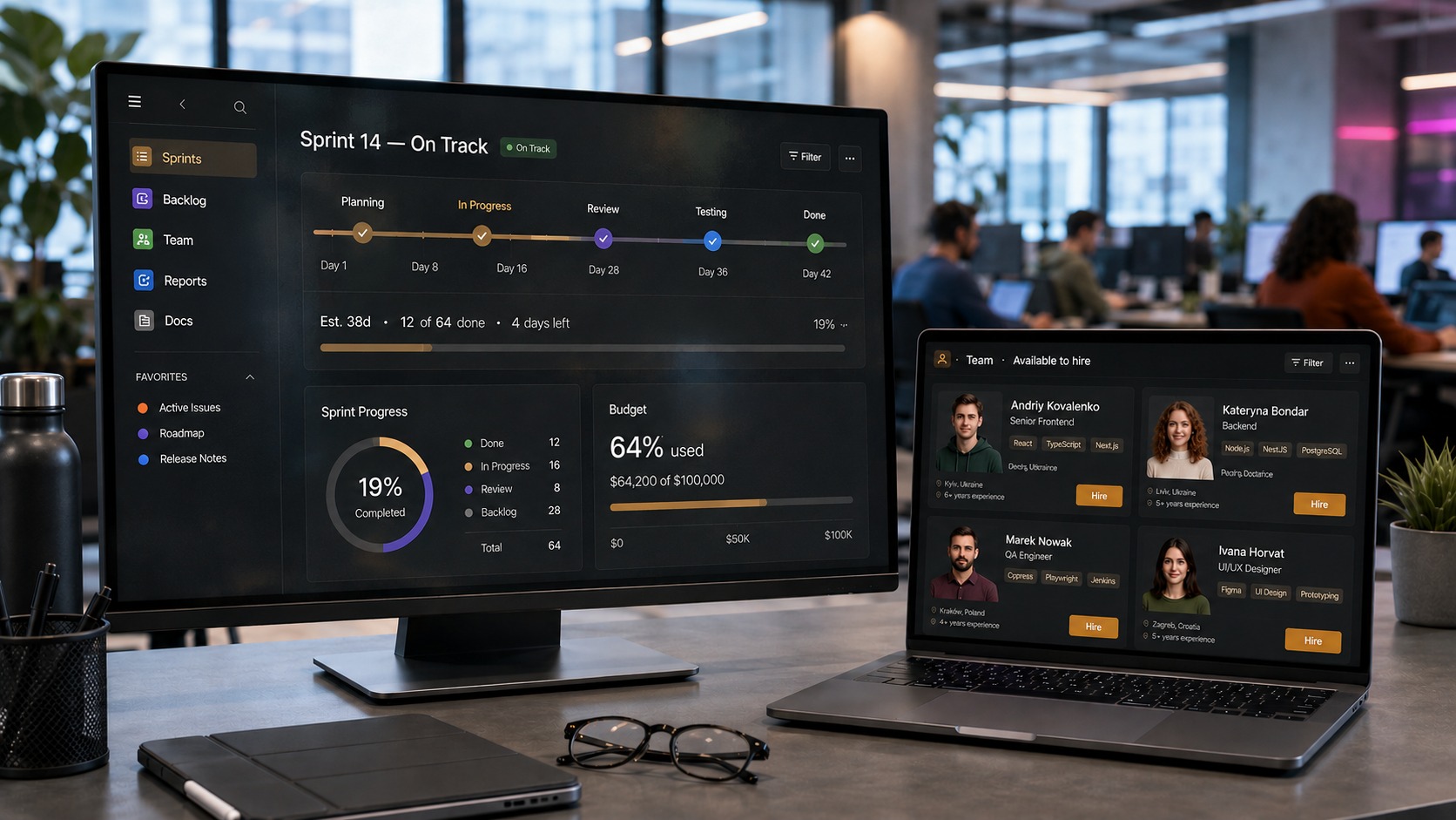Outsourcing-Teamkapazitäts-Dashboard mit Sprint-Fortschritt, Entwicklerprofilen und Delivery-Metriken auf mehreren Monitoren.