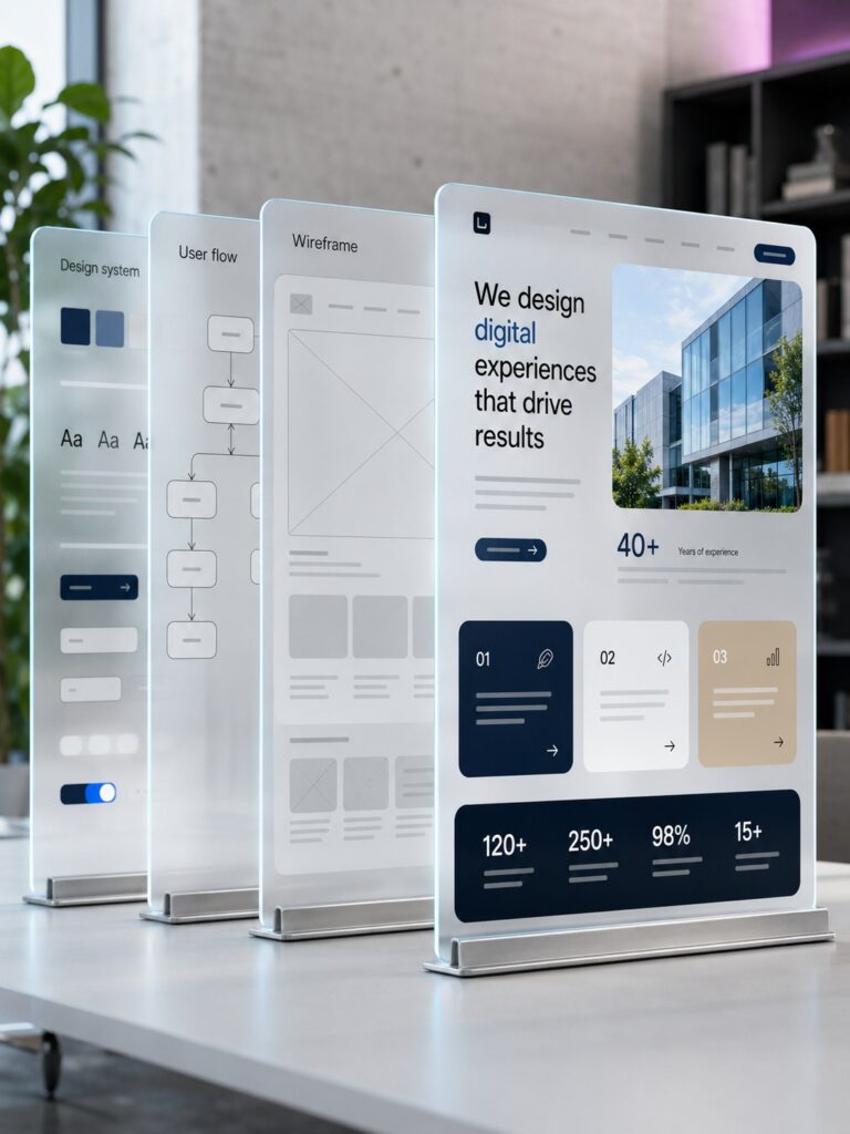 Layered website development strategy panels showing design, planning and performance modules in a modern office.