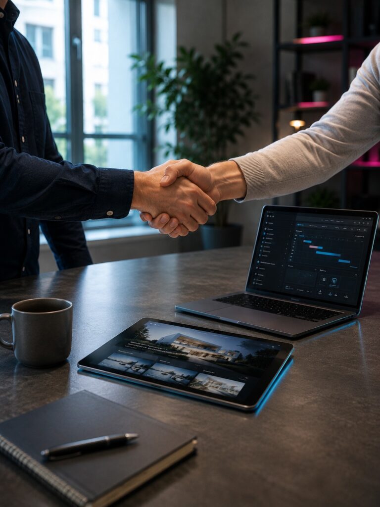 Handshake beside project planning screens during a website development partnership discussion.