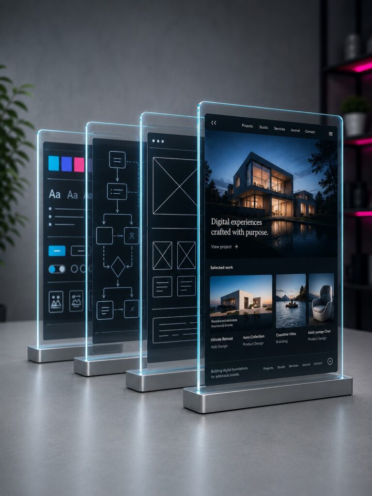 Mehrschichtige Website-Strategie-Panels mit Brand Styles, User Flows, Wireframes und einem fertigen Website-Interface.