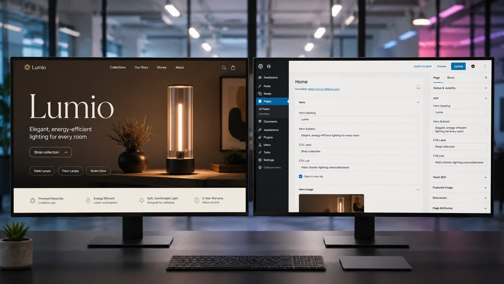 WordPress-Entwicklungsarbeitsplatz mit Website-Vorschau neben einem Admin-Bearbeitungsbildschirm für strukturierte Inhaltsverwaltung.