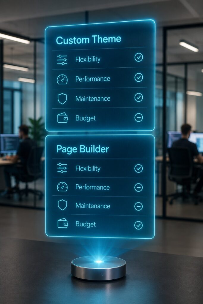 Голографическое сравнение вариантов WordPress-разработки: custom theme и page builder по гибкости, производительности, поддержке и бюджету.