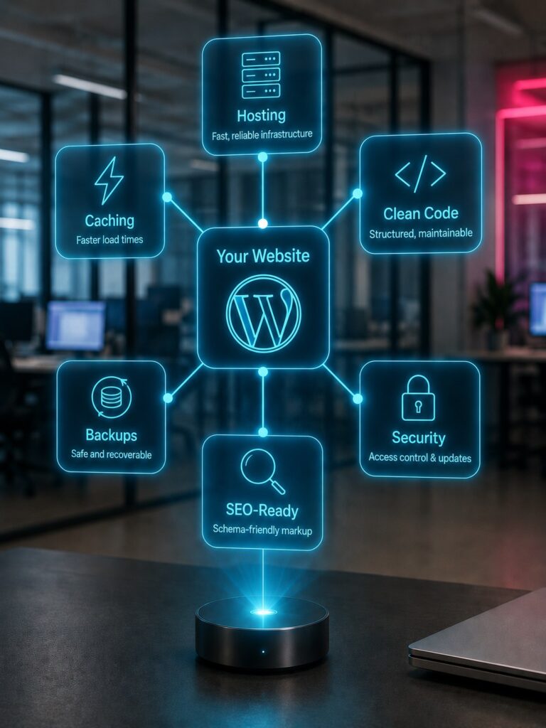 Голографическая карта архитектуры WordPress-сайта с кешированием, хостингом, чистым кодом, резервными копиями, безопасностью и SEO-ready структурой.